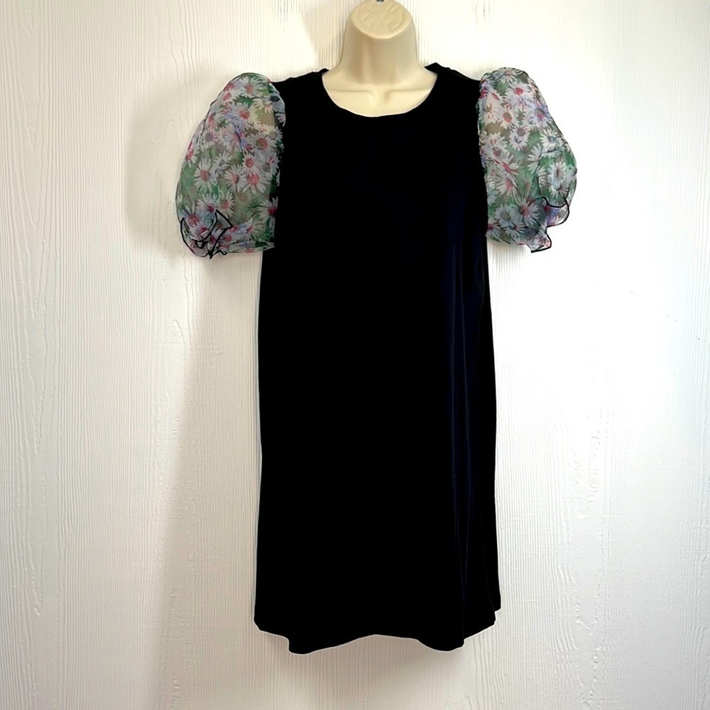 Forever 21 - Black Mini Shirt Dress With Short Floral Puffed See Thru Sleeves SM